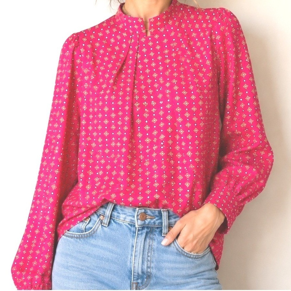 SHEIN Blouse Pink Geometric Medallion Mock Neck Long Sleeve Pleated Top Size M